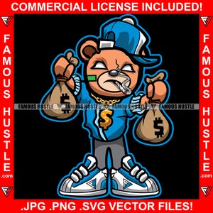 Gángster Oso de peluche Fumar Dinero en efectivo Bolsas de oro Collar Zapatillas Hustling Hustler Trap Plug Rap Hip Hop Ghetto Hood Art JPG PNG SVG Cut