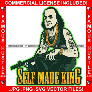 Self Made King Gangster Ben Franklin Tattoos Holding Machine Gun Disc Magazine Gold Chain Necklace Savage Hustle Rap Hip Hop Art JPG PNG SVG