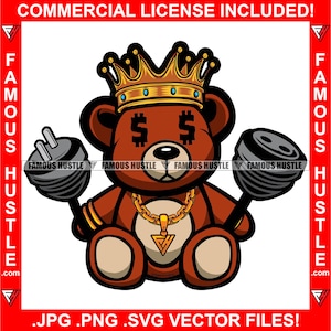 Gangster Teddybär King Dollar Zeichen Auge Halten Plug Kordel Tragen Gold Kette Savage Hustler Trap Plug Rap Hip Hop Logo JPG PNG SVG Cut File