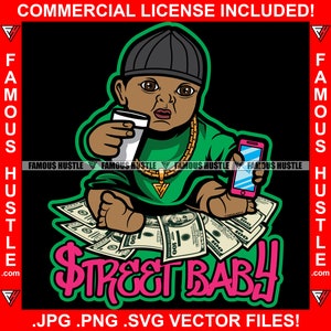 Calle Baby Gangster Collar de oro Durag Skull Cap Cash Money Drinking Lean Purple Drink Phone Rap Hip Hop Thug Quote Art JPG PNG SVG Cut