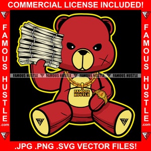 Gangster Hustle Teddybär Gold Schmuck Kette Halskette Hustler Cash Money Stack Hustling Rap Hip Hop Kapuze Ghetto Art JPG PNG SVG Cut File