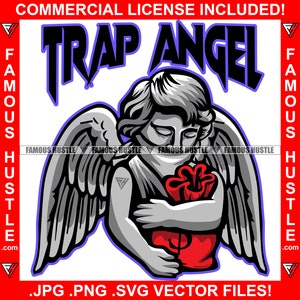 Trap Angel Statue Tattoo Wings Plug Holding Cash Money Bag Hood Thug Street Demon Famous Hustle Cartoon Character Gang Art JPG PNG SVG Cut