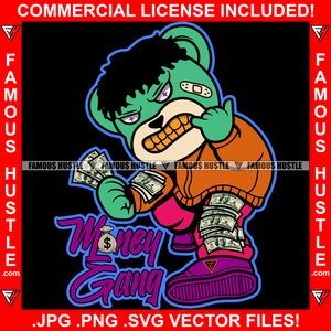 Geld Gangster Hustle Teddy Bär Spreading Cash Money Gold Zähne Rap Hip Hop Rapper Kapuze Ghetto Trap Boss Plug Art JPG PNG SVG Cut
