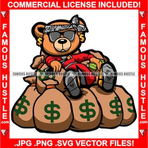 Gangster Teddybär Bandanna Trinkbier sitzend auf Geldbeuteln halten Cash Stack Hustler Rap Hip Hop Trap Plug Art JPG PNG SVG Cut