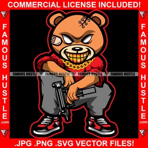 Gangster Teddybär Gold Zähne Halskette Machine Gun Savage Hustler Trap Plug Rap Hip Hop Gang Mitglied Ghetto Kapuze Logo JPG PNG SVG Cut File