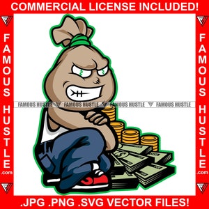 Gangster Money Bag Character Gold Coin Cash Stack Rich Hustle Grind Hood Hustler Hustle Trap Plug Rap Hip Hop Art Logo JPG PNG SVG Cut File