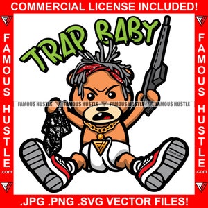 Trap Baby Gangster Teddy Bear 1 Tooth Gold Collier Sneaker Machine Gun Bandanna Hustle Boss Hip Hop Trap Plug Rap Art Logo JPG PNG SVG Cut