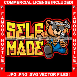 Self Made Famous Hustle Gangster Teddy Bear Hitman Gold Chain Necklace Cash Money Bag Mob Mafia Hustler Hustling Tattoo Art Logo JPG PNG SVG