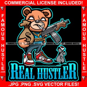 Real Hustler Gangster Teddybär Smoking Gun Cash Money Bag Savage Dämon Rapper Dope Trapper Trench Baller Hustling Logo Art JPG PNG SVG Cut