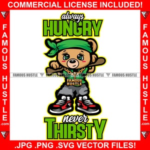 Siempre hambriento Nunca sediento Linda gángster gángster osito de peluche béisbol Bat Girl Bandana Mujer Joyería Lady Tattoo Thug Cartoon Art JPG PNG SVG