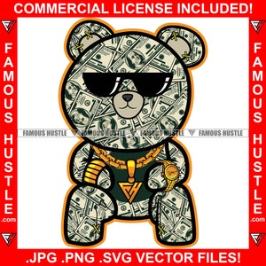 Hustle Teddybär Gold Halskette Kette Schmuck aus Geld Geld Gangster Sonnenbrille Rich Hustler Hustling Rap Hip Hop Art JPG PNG SVG Cut