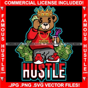 Hustle Gangster Teddybär King Dollar Zeichen Auge Sprechen Geld Telefon Lila Getränk Lean Rap Hip Hop Trap Kapuze Thug Gang Street Art JPG PNG SVG