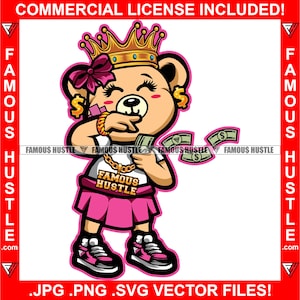 Hustle Teddybär Queen Krone Rosa Schleife Sneaker Rock Werfen Geld reiche Hustle Savage Hustler Frau Rap Hip Hop Logo JPG PNG SVG Cut