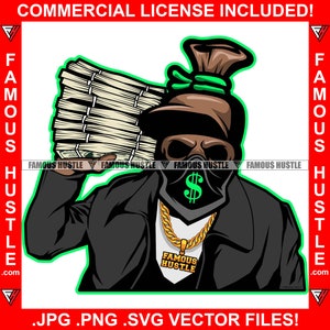 Gangster Geld Tas Stripfiguur Inbreker Masker Holding Cash Stack Tattoo Hip Hop Rap Hood Hustler Baller Trapper Art Logo JPG PNG SVG Cut