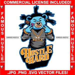 Hustle Hard Gangster Teddy Bear Dread Locks Dientes de Oro Cicatriz Cara Vendaje Cadena Collar Savage Street Trap Plug Rap Hip Hop JPG PNG SVG Cut