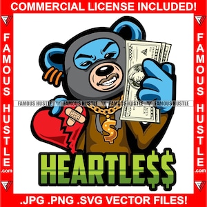 Herzloser Gangster Teddybär Ski Maske Broken Heart Cash Money Gold Kette Halskette Hip Hop Rap Trap Street Ghetto Plug Kapuze JPG PNG SVG Cut