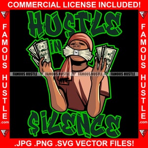 Hustle In Silence Gangster Rapper Eating Cash Stack Money In Hands Wearing Bandanna Hip Hop Rap Trap Plug Hood Hustler Jpg PNG SVG Cut File