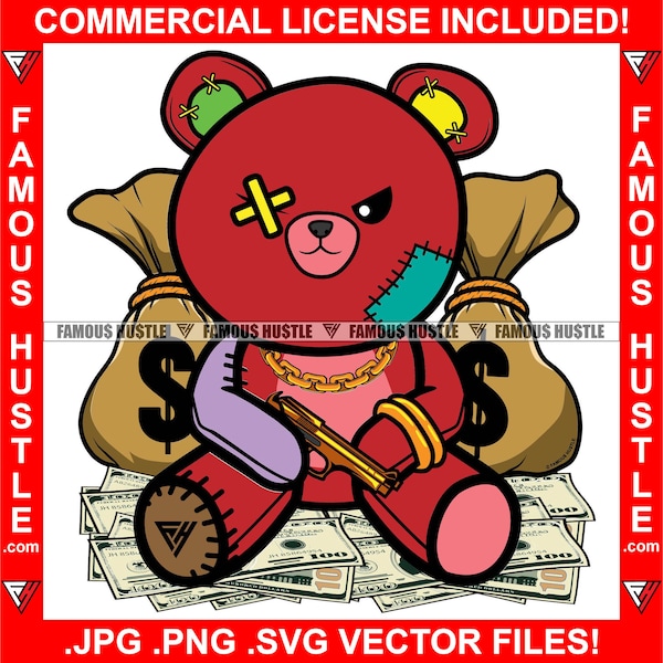 Gangster Teddy Bear Eye Patch Gold Gun Necklace Chain Cash Money Bag Rich Thug Hustler Rapper Rap Hip Hop Hood Ghetto Art JPG PNG SVG Cut