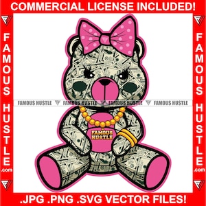 Roze geld teddybeer gemaakt van geld het dragen van gouden ketting ketting Polk-A-Dot Bow Hustler vrouw vrouwelijke rap hiphop art logo JPG PNG SVG cut file