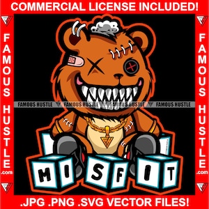 Misfit Crazy Insane Outcast Teddy Bear Stitches Broken Missing Button Eye Famous Hustle Gold Chain Necklace Trap Plug Art JPG PNG SVG Cut