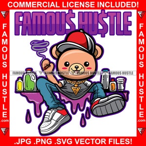 Famous Hustle Gangster Teddybär Raucher Zigarre Stumpf Machen Lila Trinken Tropfen Mager Tropfen Tattoo Hip Hop Rap Zitat Logo Art JPG PNG SVG