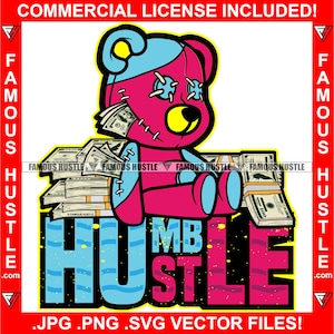Humble Hustle Roze Teddybeer Cute Horror Gezicht Button Ogen Steken Cash Gevuld Geld Stapels Tattoo Hip Hop Rap Art Logo JPG PNG SVG Cut