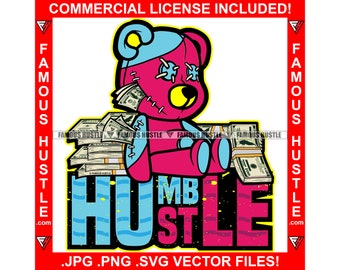 Humble Hustle Pink Teddy Bear Cute Horror Face Button Eyes Stitches Cash Stuffed Money Stacks Tattoo Hip Hop Rap Art Logo JPG PNG SVG Cut