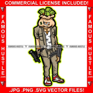 Saco de dinheiro Personagem de desenho animado Dentes de ouro Roupa cáqui Tênis Fumar Metralhadoras Tatuagem Hip Hop Rap Trap Hood Thug Art Logo JPG PNG SVG Cut