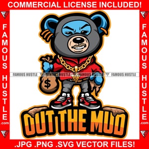 Out The Mud Gangster Teddy Bear Ski Mask Money Bag Gotpping Gold Necklace Drip Hip Hop Rap Street Hustler Hustling Trap Plug Art JPG PNG SVG imagen 1