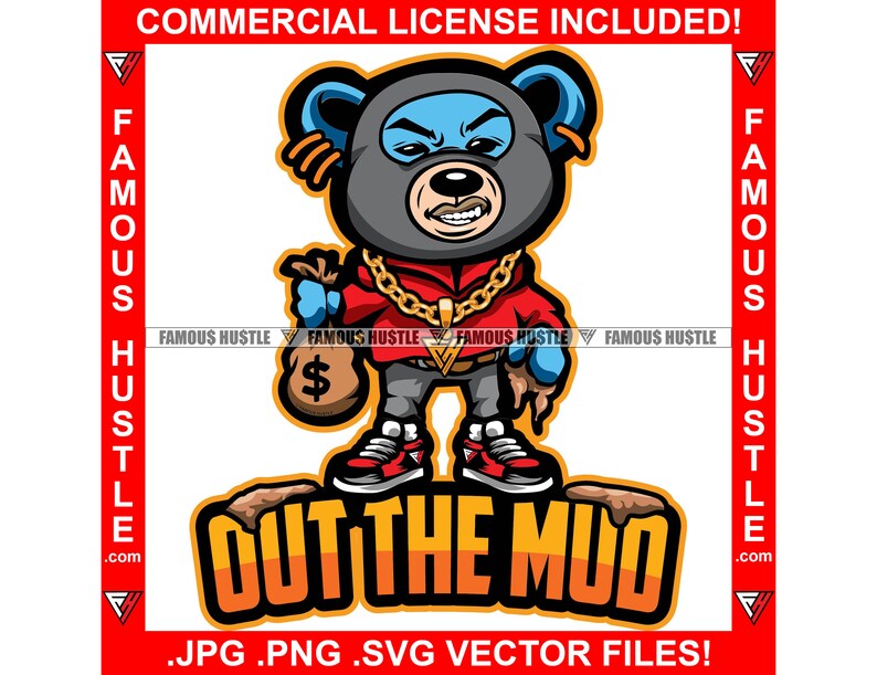 Out The Mud Gangster Teddy Bear Ski Mask Money Bag Gotpping Gold Necklace Drip Hip Hop Rap Street Hustler Hustling Trap Plug Art JPG PNG SVG imagen 1