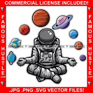 Famoso astronauta astronauta Spaceman sentado en posición de yoga Nueve planetas alrededor del tatuaje Ciencia Ilustración Arte conceptual Jpg PNG SVG Archivo de corte