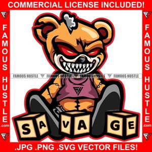 Wilder Gangster Teddybär Gruseliges rotes Auge Scharfe Zähne Klammern Ripped Stuffing Coming Out Hip Hop Rap Hustle Trap Plug Hustler JPG PNG SVG Cut