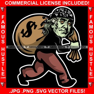 Gangster Ben Franklin Gesicht Tattoos Cash Bandanna Big Money Bag Savage Hustler Grind Mode Trap Plug Rap Hip Hop Art Logo JPG PNG SVG