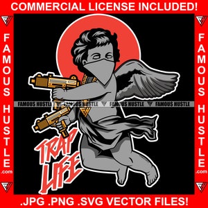 Trap Life Gangster Angel Wings Estatua Ametralladora Collar de Oro Hustle Hustler Plug Rap Hip Hop Ghetto Thug Hood Logo JPG PNG SVG Cut