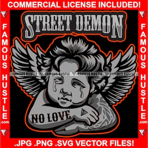 Street Demon Famous Hustle Angel Statue No Love Tattoo Crying Wings Plug Trap Hood Thug Cartoon Character Biker Gang Art JPG PNG SVG Cut