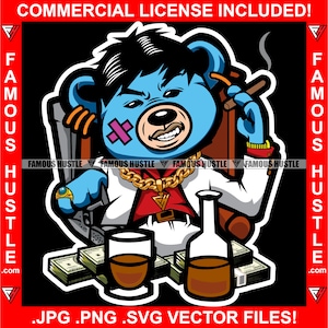 Gangster Teddy Bär Schal Gesicht Retro Anzug Raucher Zigarre Cash Money Stacks Hustler Rap Hip Hop Trap Plug Ghetto Kapuze Art JPG PNG SVG