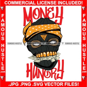 Geldhungriger Gangster Gold Zähne Tragen Ski Maske Bandanna Eating Cash Hustler Hustling Rap Hip Hop Trap Plug Art Logo JPG PNG SVG
