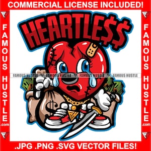 Heartless Gangster Heart Cartoon Character Scar Face Tear Cracks Tattoo Money Bag Knife Cash Stack Savage Famous Hustle Art Logo JPG PNG SVG