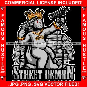 Calle Demonio Rey Gángster Angel Estatua Corona de Oro Ametralladora Cash Money Stacks Hustler Trap Plug Rap Hip Hop Ghetto Art JPG PNG SVG