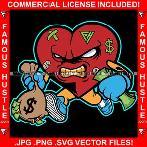 Gangster Coração Dentes de Ouro Personagem de desenho animado Rosto Tatuagem Saco de Dinheiro Cash Hustle Rap Hip Hop Trap Plug Heartless Trapper Art Logo JPG PNG SVG