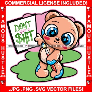 Não dê a mínima Urso de pelúcia feminino fofo brilhando olhos grandes segurando pincel tatuagem personagem de desenho animado Hip Hop Rap Art Logo JPG PNG SVG Cut