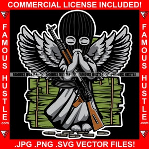 Gangster Angel Wings Ski Masker Bidden Machine Gun Bullets Cash Money Stacks Hustle Grind Gang Hustler Trap Plug Rap Hip Hop JPG PNG SVG Cut
