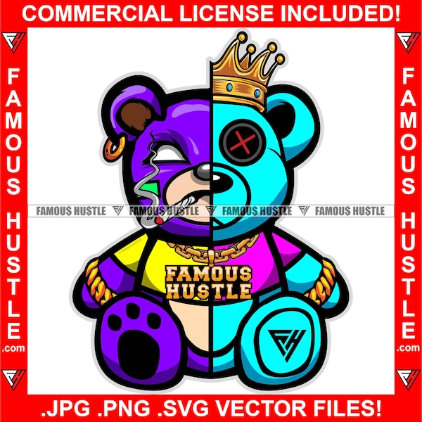 Famous Hustle Gangster Two Face Teddy King Smoking Gold Chain Necklace Bracelet Jewelry Hip Hop Rap Rapper Cartoon Character Art JPG PNG SVG