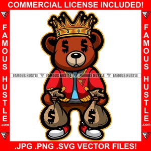 Hustle Gangster Teddy Bear King Dollar Sign Eyes Two Money Bags School Letter Jacket Hustling Hustler Trap Plug Rap Hip Hop Art JPG PNG SVG