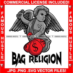 Bag Religion Angel Statue Wings Holding Cash Money Bags Gangster Hustle Quote Hustling Hustle Hustler Plug Rap Hip Hop Logo JPG PNG SVG Cut