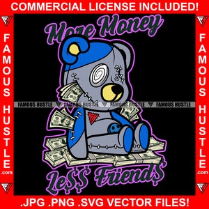 Mais Dinheiro Menos Amigos Gangster Urso de Pelúcia Cicatriz Rosto Brinquedo Rasgado Grampos Quebrados Remendo Cabeça Grampeado Dinheiro Citação Tatuagem Arte Logotipo JPG PNG SVG Corte