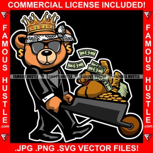 Gangster Teddybär Tuxedo Schubkarre Geldbeutel Gold Münze Hustler Rap Hip Hop Trap Plug Ghetto Kapuze Rich Art JPG PNG SVG Cut