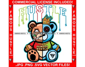 Hustle Gangster Dos Caras Teddy King Corona Fumar Collar de Oro Pulsera Joyería Tatuaje Hip Hop Rap Dibujos animados Personaje Arte JPG PNG SVG Corte