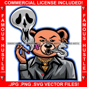 Gangster Teddybeer Misdaad Baas Roken Sigaar Bot Evil Ghost Rook Blazen Dollar Teken Gouden Ketting Mob Mafia Tattoo Logo JPG PNG SVG Cut