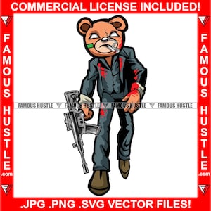 Gangster Teddy Bear Cicatriz Rosto Bandagem Fumar Terno Sangrento Segurando Metralhadora Hustle Hustler Rap Hip Hop Trap Plug Art Logo JPG PNG SVG Cut